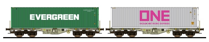 ESU 36611 - H0 - 2-tlg. Set Containertragwagen Evergreen/One, AAEC, Ep. VI